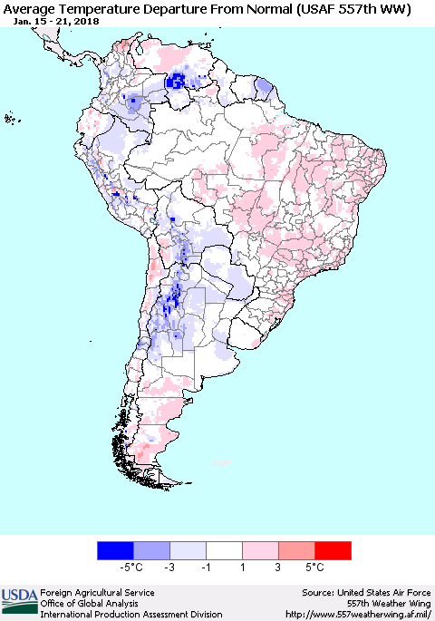 South America Average Temperature Departure from Normal (USAF 557th WW) Thematic Map For 1/15/2018 - 1/21/2018