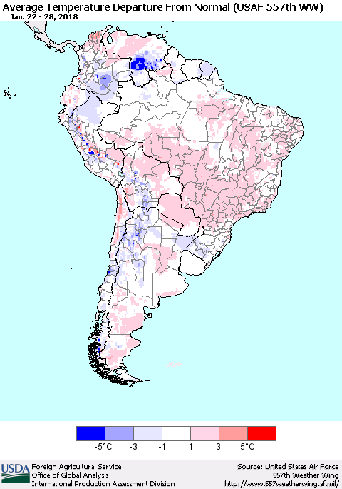 South America Average Temperature Departure from Normal (USAF 557th WW) Thematic Map For 1/22/2018 - 1/28/2018