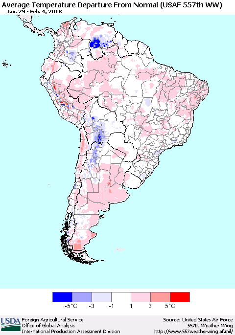 South America Average Temperature Departure from Normal (USAF 557th WW) Thematic Map For 1/29/2018 - 2/4/2018