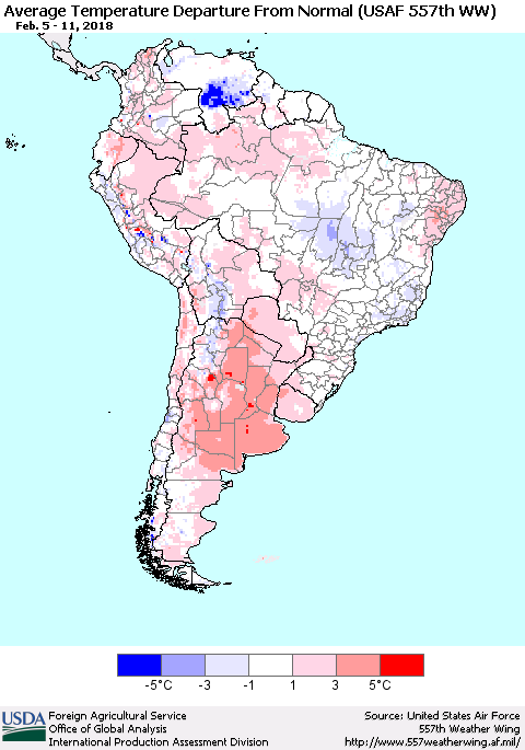 South America Average Temperature Departure from Normal (USAF 557th WW) Thematic Map For 2/5/2018 - 2/11/2018
