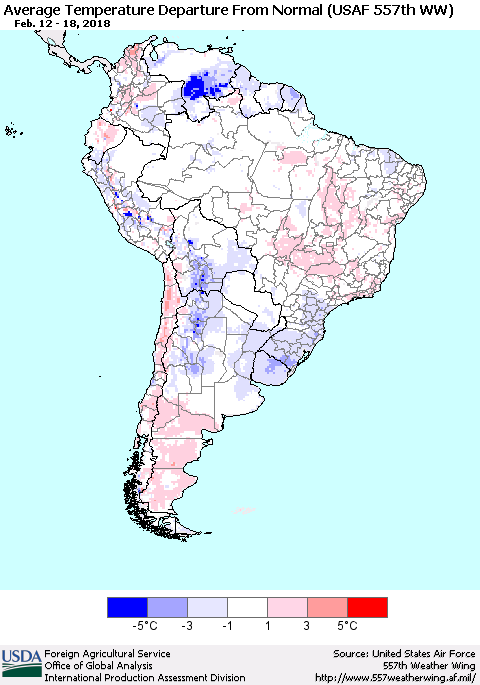 South America Average Temperature Departure from Normal (USAF 557th WW) Thematic Map For 2/12/2018 - 2/18/2018