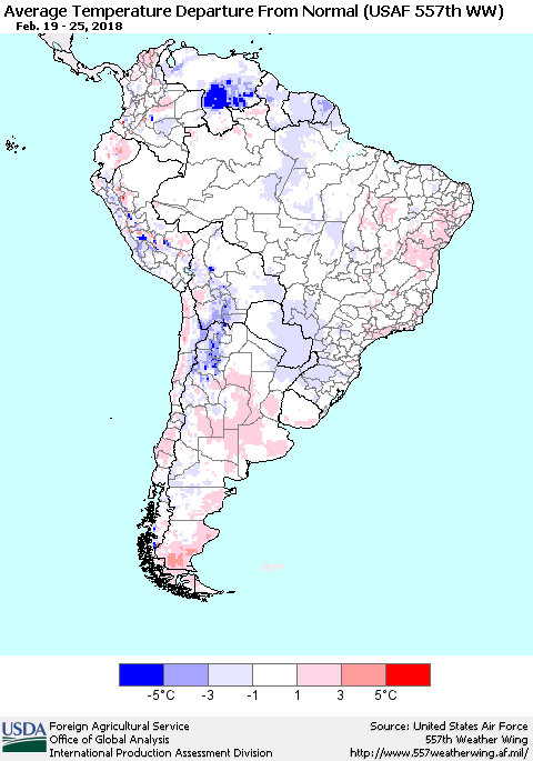 South America Average Temperature Departure from Normal (USAF 557th WW) Thematic Map For 2/19/2018 - 2/25/2018