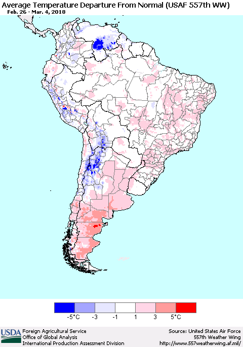 South America Average Temperature Departure from Normal (USAF 557th WW) Thematic Map For 2/26/2018 - 3/4/2018