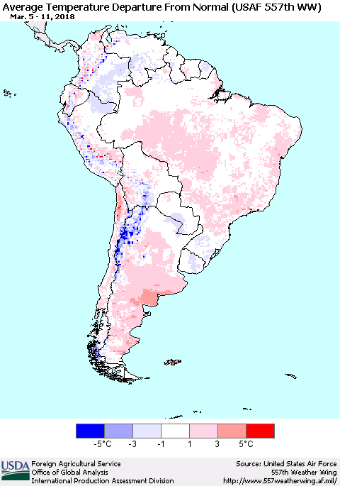 South America Average Temperature Departure from Normal (USAF 557th WW) Thematic Map For 3/5/2018 - 3/11/2018