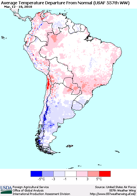 South America Average Temperature Departure from Normal (USAF 557th WW) Thematic Map For 3/12/2018 - 3/18/2018