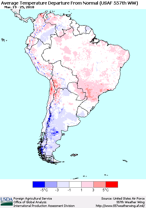 South America Average Temperature Departure from Normal (USAF 557th WW) Thematic Map For 3/19/2018 - 3/25/2018