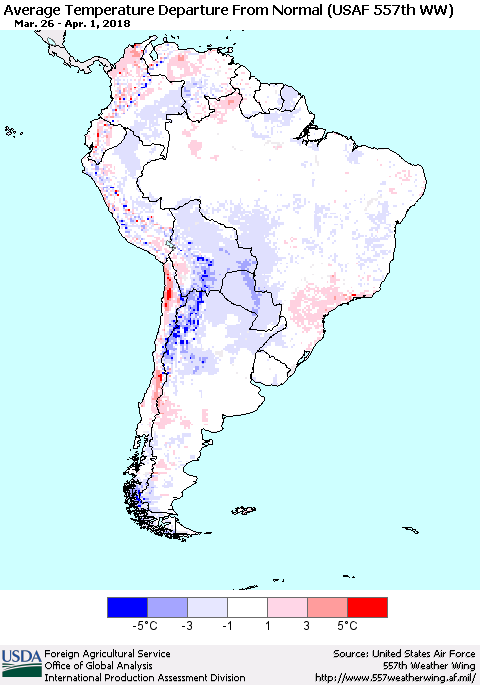 South America Average Temperature Departure from Normal (USAF 557th WW) Thematic Map For 3/26/2018 - 4/1/2018