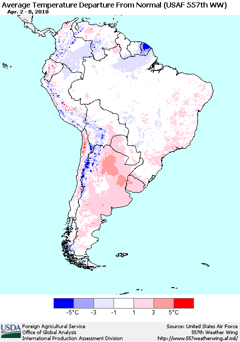 South America Average Temperature Departure from Normal (USAF 557th WW) Thematic Map For 4/2/2018 - 4/8/2018