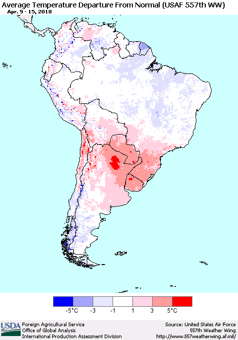 South America Average Temperature Departure from Normal (USAF 557th WW) Thematic Map For 4/9/2018 - 4/15/2018