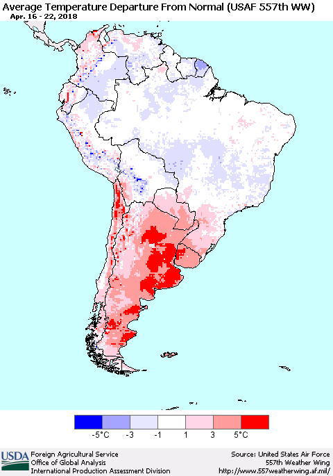 South America Average Temperature Departure from Normal (USAF 557th WW) Thematic Map For 4/16/2018 - 4/22/2018