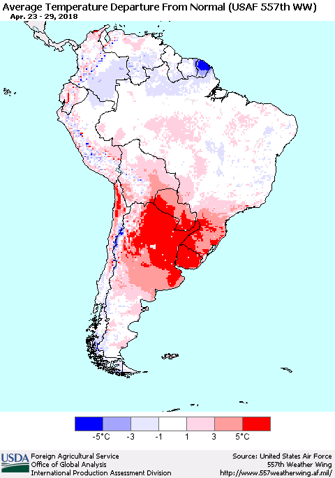 South America Average Temperature Departure from Normal (USAF 557th WW) Thematic Map For 4/23/2018 - 4/29/2018