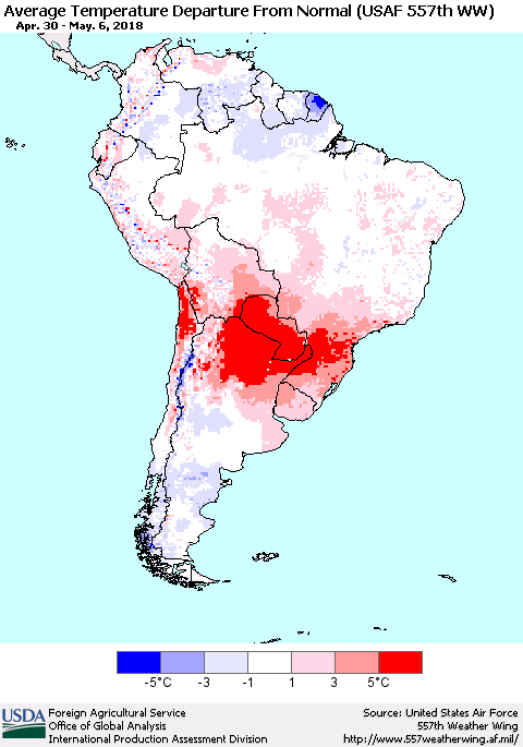 South America Average Temperature Departure from Normal (USAF 557th WW) Thematic Map For 4/30/2018 - 5/6/2018