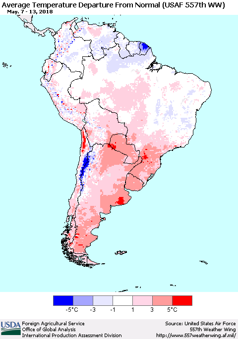 South America Average Temperature Departure from Normal (USAF 557th WW) Thematic Map For 5/7/2018 - 5/13/2018