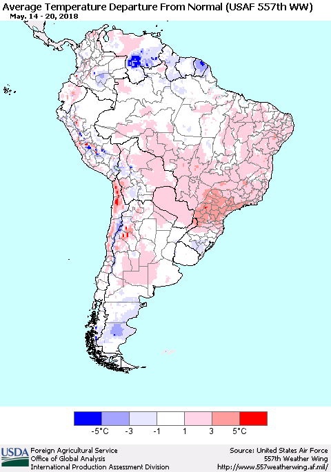 South America Average Temperature Departure from Normal (USAF 557th WW) Thematic Map For 5/14/2018 - 5/20/2018