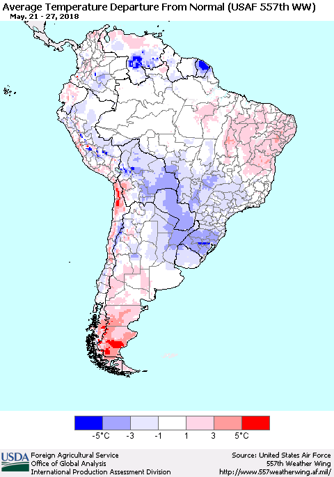 South America Average Temperature Departure from Normal (USAF 557th WW) Thematic Map For 5/21/2018 - 5/27/2018