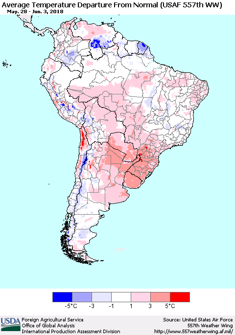 South America Average Temperature Departure from Normal (USAF 557th WW) Thematic Map For 5/28/2018 - 6/3/2018