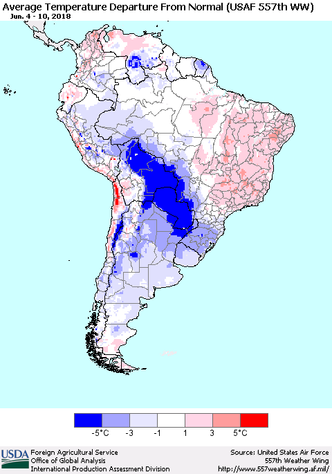 South America Average Temperature Departure from Normal (USAF 557th WW) Thematic Map For 6/4/2018 - 6/10/2018