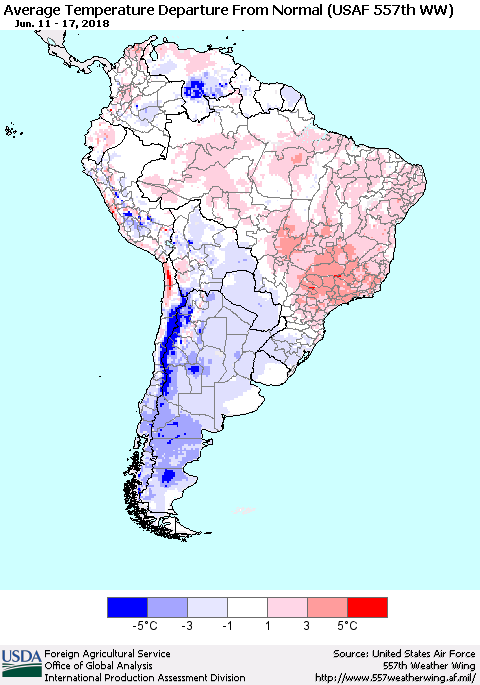 South America Average Temperature Departure from Normal (USAF 557th WW) Thematic Map For 6/11/2018 - 6/17/2018