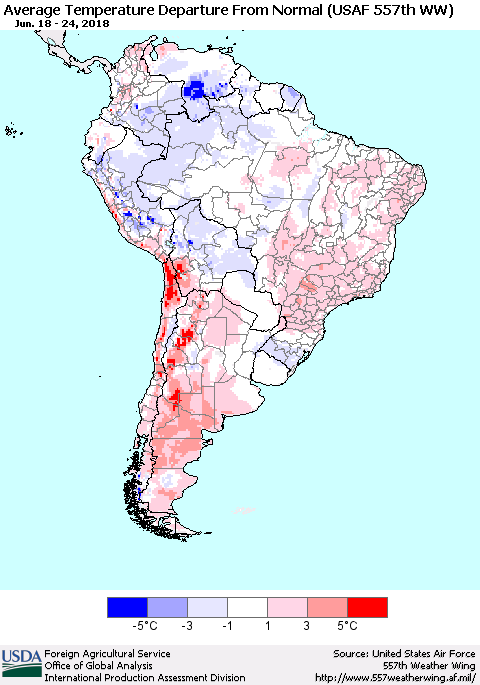 South America Average Temperature Departure from Normal (USAF 557th WW) Thematic Map For 6/18/2018 - 6/24/2018
