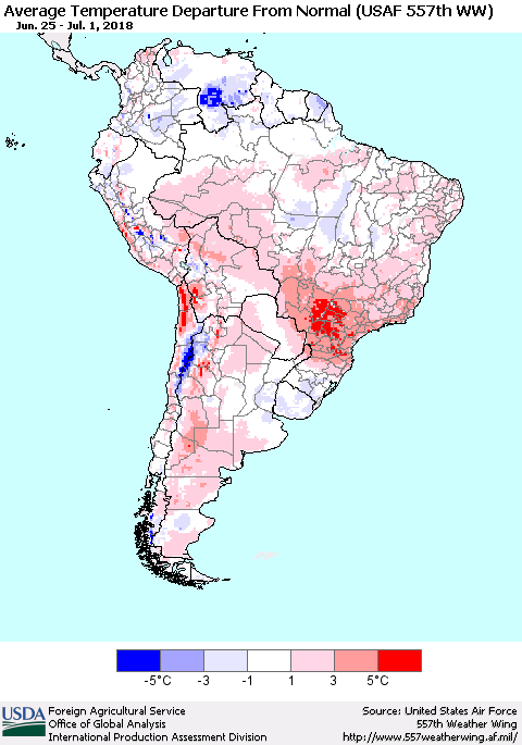 South America Average Temperature Departure from Normal (USAF 557th WW) Thematic Map For 6/25/2018 - 7/1/2018