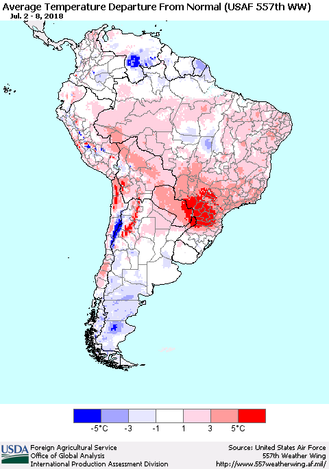 South America Average Temperature Departure from Normal (USAF 557th WW) Thematic Map For 7/2/2018 - 7/8/2018