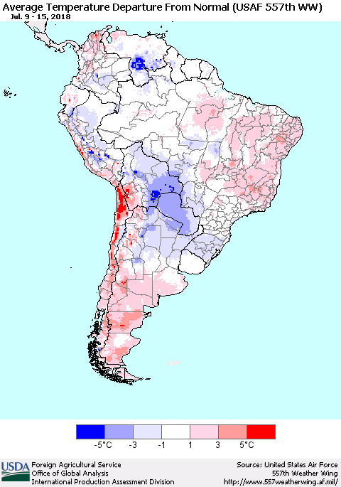 South America Average Temperature Departure from Normal (USAF 557th WW) Thematic Map For 7/9/2018 - 7/15/2018