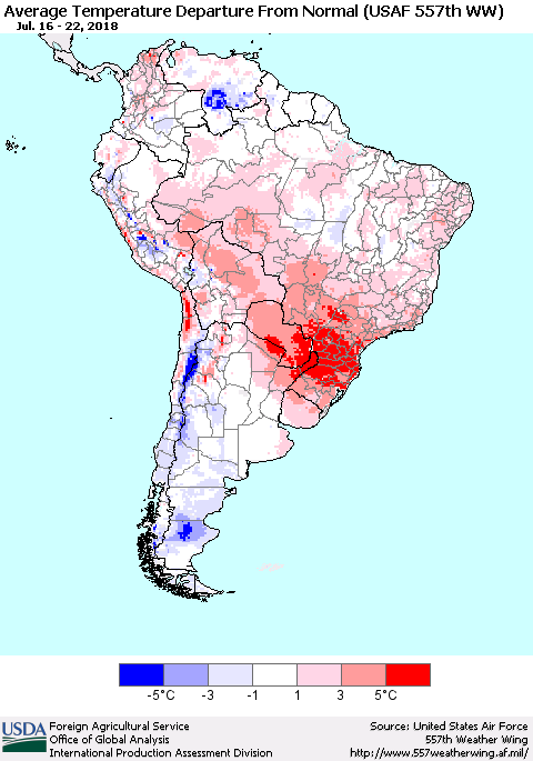 South America Average Temperature Departure from Normal (USAF 557th WW) Thematic Map For 7/16/2018 - 7/22/2018