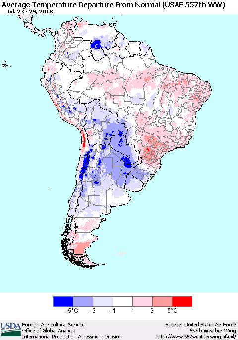 South America Average Temperature Departure from Normal (USAF 557th WW) Thematic Map For 7/23/2018 - 7/29/2018