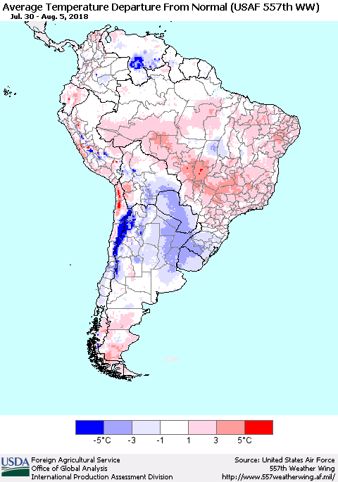 South America Average Temperature Departure from Normal (USAF 557th WW) Thematic Map For 7/30/2018 - 8/5/2018