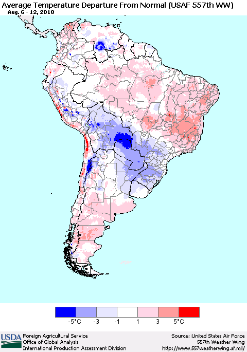 South America Average Temperature Departure from Normal (USAF 557th WW) Thematic Map For 8/6/2018 - 8/12/2018