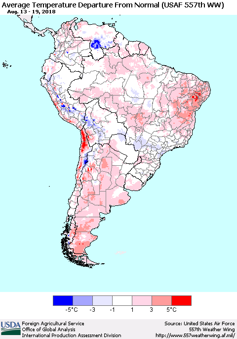South America Average Temperature Departure from Normal (USAF 557th WW) Thematic Map For 8/13/2018 - 8/19/2018