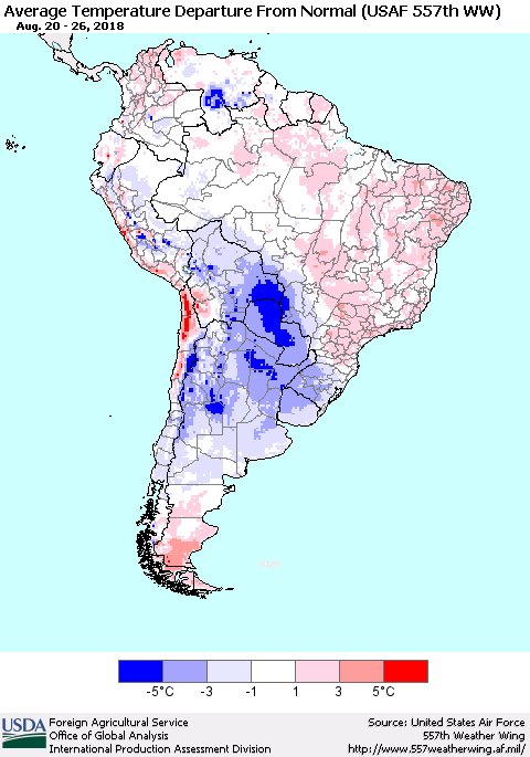 South America Average Temperature Departure from Normal (USAF 557th WW) Thematic Map For 8/20/2018 - 8/26/2018