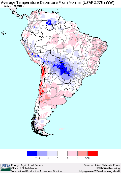 South America Average Temperature Departure from Normal (USAF 557th WW) Thematic Map For 9/3/2018 - 9/9/2018