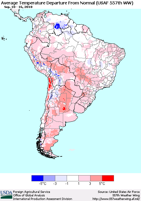 South America Average Temperature Departure from Normal (USAF 557th WW) Thematic Map For 9/10/2018 - 9/16/2018