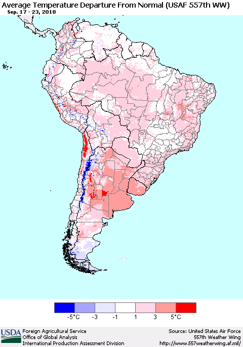 South America Average Temperature Departure from Normal (USAF 557th WW) Thematic Map For 9/17/2018 - 9/23/2018