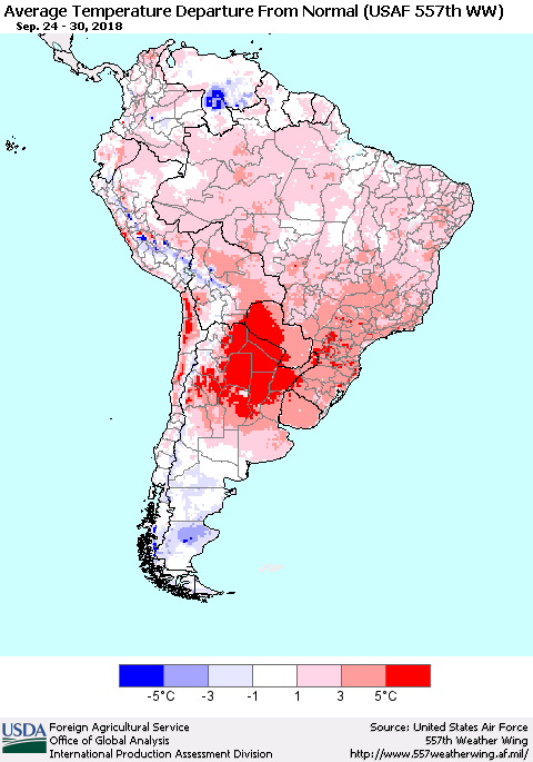 South America Average Temperature Departure from Normal (USAF 557th WW) Thematic Map For 9/24/2018 - 9/30/2018