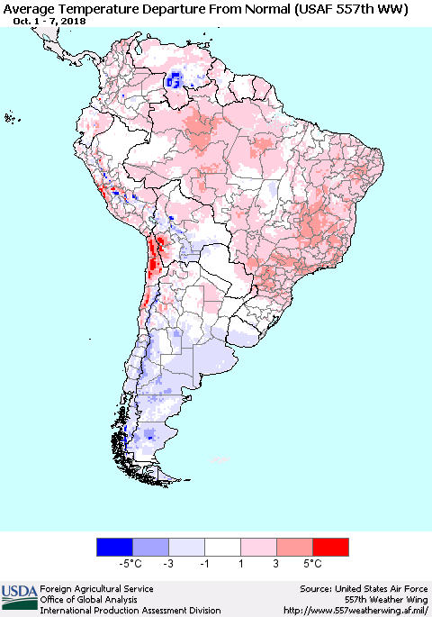 South America Average Temperature Departure from Normal (USAF 557th WW) Thematic Map For 10/1/2018 - 10/7/2018