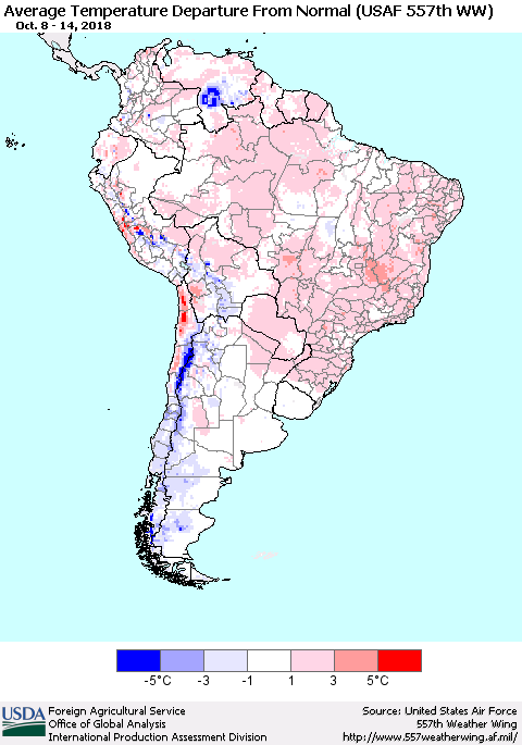 South America Average Temperature Departure from Normal (USAF 557th WW) Thematic Map For 10/8/2018 - 10/14/2018