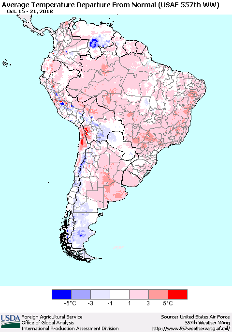 South America Average Temperature Departure from Normal (USAF 557th WW) Thematic Map For 10/15/2018 - 10/21/2018