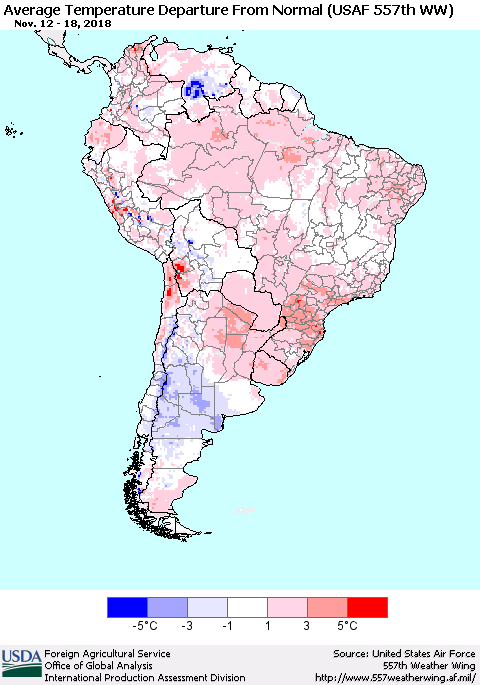 South America Average Temperature Departure from Normal (USAF 557th WW) Thematic Map For 11/12/2018 - 11/18/2018