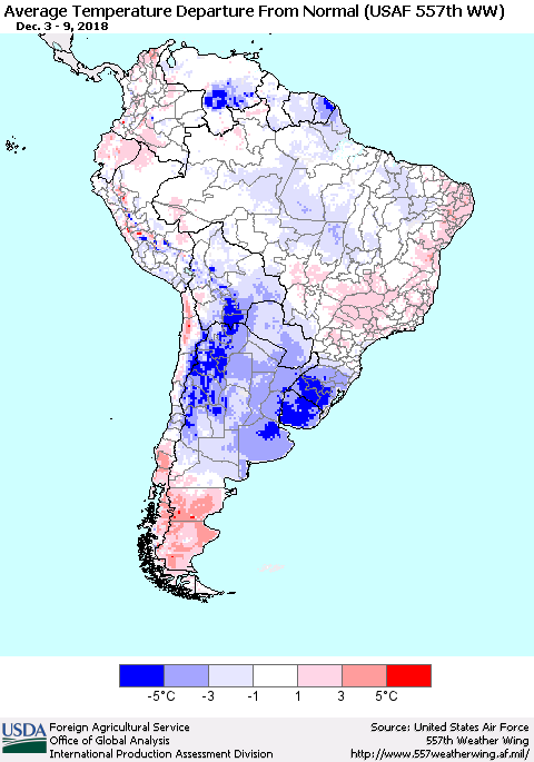 South America Average Temperature Departure from Normal (USAF 557th WW) Thematic Map For 12/3/2018 - 12/9/2018