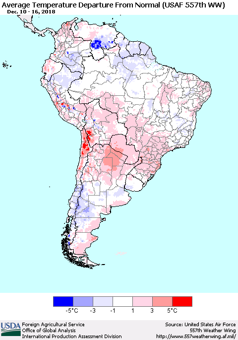 South America Average Temperature Departure from Normal (USAF 557th WW) Thematic Map For 12/10/2018 - 12/16/2018