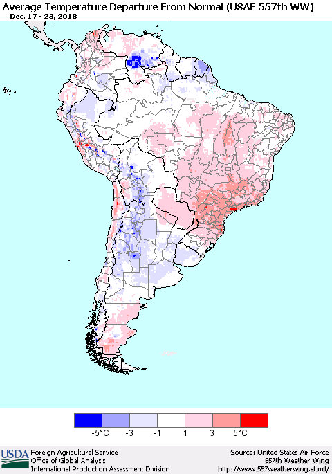 South America Average Temperature Departure from Normal (USAF 557th WW) Thematic Map For 12/17/2018 - 12/23/2018
