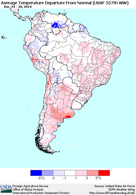 South America Average Temperature Departure from Normal (USAF 557th WW) Thematic Map For 12/24/2018 - 12/30/2018