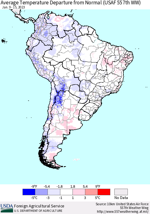 South America Average Temperature Departure from Normal (USAF 557th WW) Thematic Map For 1/9/2023 - 1/15/2023