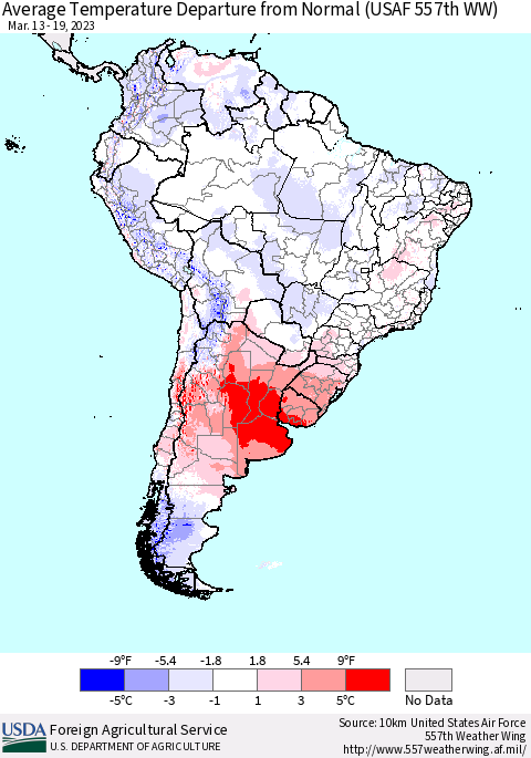 South America Average Temperature Departure from Normal (USAF 557th WW) Thematic Map For 3/13/2023 - 3/19/2023