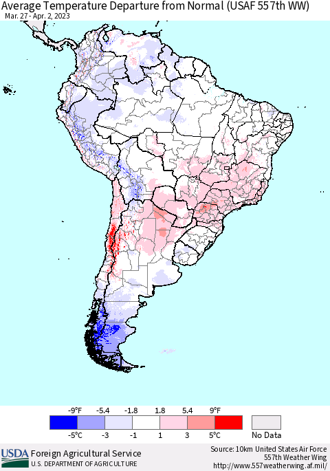 South America Average Temperature Departure from Normal (USAF 557th WW) Thematic Map For 3/27/2023 - 4/2/2023