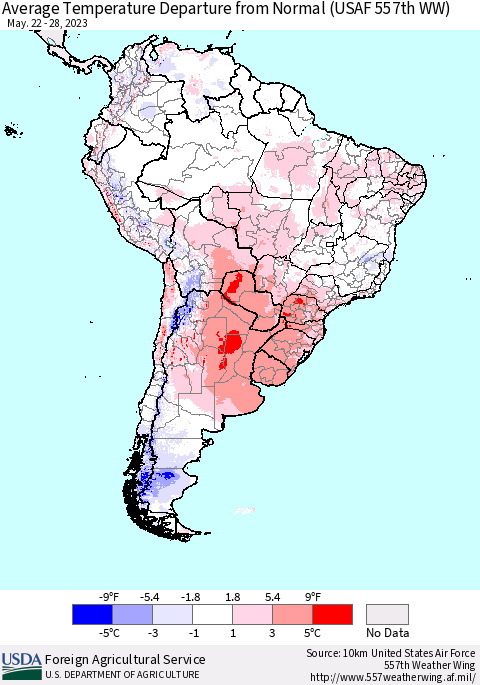 South America Average Temperature Departure from Normal (USAF 557th WW) Thematic Map For 5/22/2023 - 5/28/2023