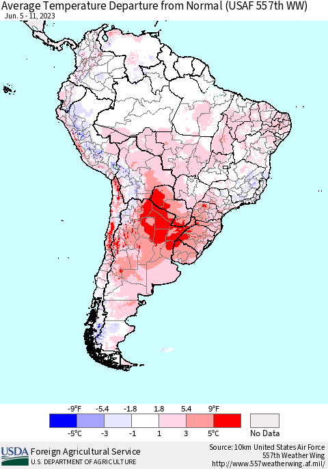 South America Average Temperature Departure from Normal (USAF 557th WW) Thematic Map For 6/5/2023 - 6/11/2023