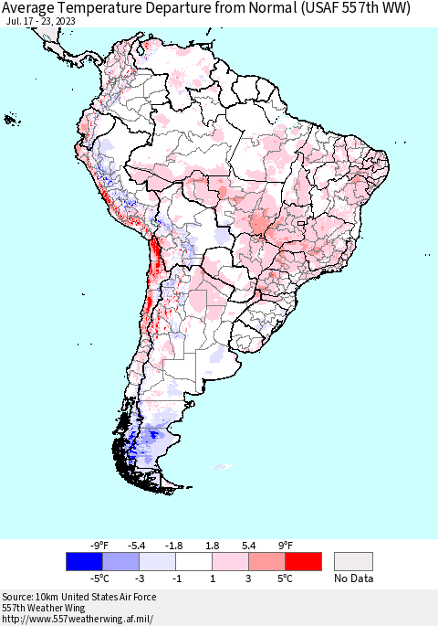 South America Average Temperature Departure from Normal (USAF 557th WW) Thematic Map For 7/17/2023 - 7/23/2023